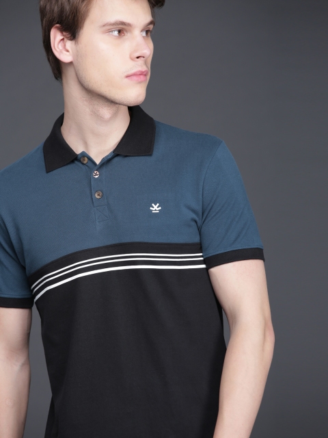 

WROGN Men Black & Blue Colourblocked Polo Collar Slim Fit T-shirt
