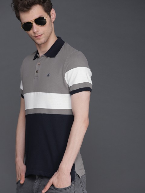 

WROGN Men Navy Blue & Grey Colourblocked Slim Fit Polo Collar T-shirt