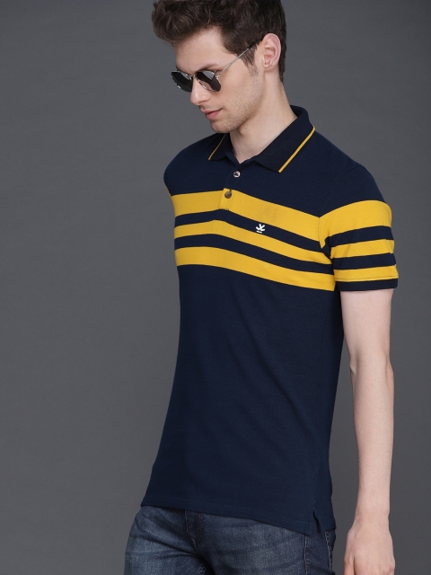 

WROGN Men Navy Blue & Mustard Yellow Striped Polo Collar T-shirt