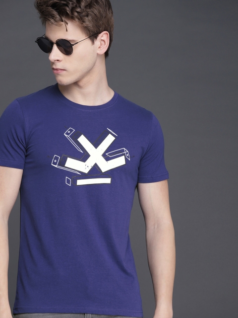 

WROGN Men Blue White Printed Slim Fit Round Neck Pure Cotton T-shirt