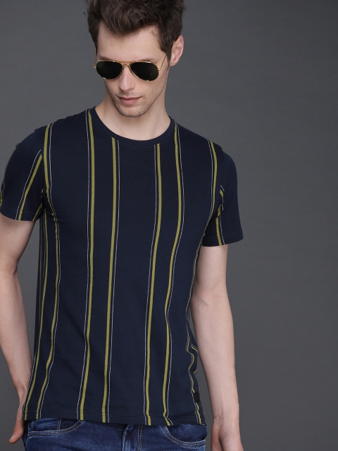

WROGN Men Navy Blue & Olive Green Striped Round Neck T-shirt