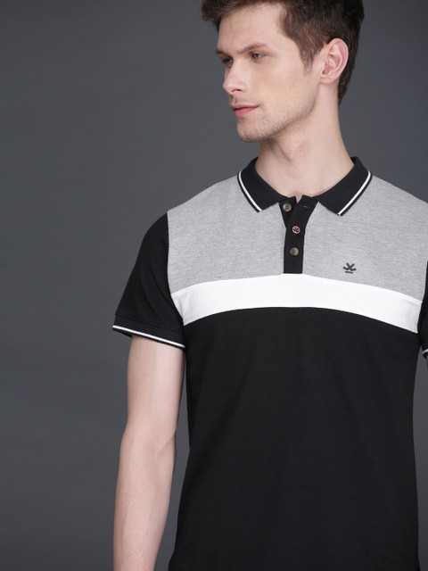 

WROGN Men Black & Grey Colourblocked Polo Collar Slim Fit T-shirt