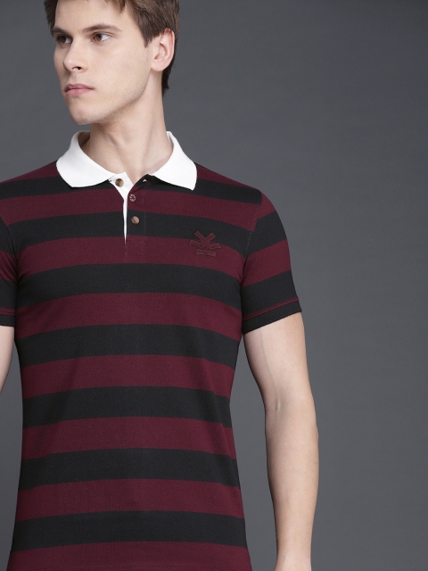 

WROGN Men Maroon Black Striped Slim Fit Polo Pure Cotton T-shirt