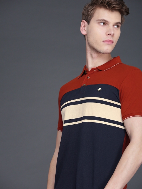 

WROGN Men Navy Blue & Rust Red Slim Fit Striped Polo Collar T-shirt
