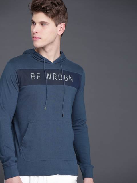 

WROGN Men Blue Printed Hooded Pure Cotton T-shirt