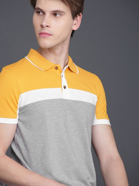 

WROGN Men Grey & Mustard Yellow Colourblocked Polo Collar T-shirt