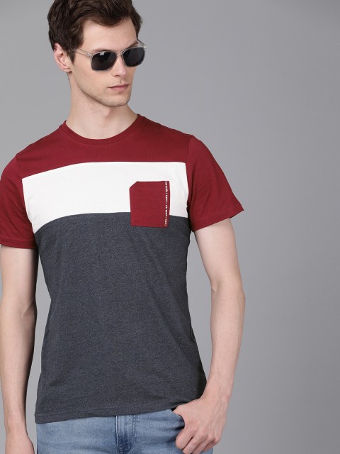 

WROGN Men Navy Blue Colourblocked Slim Fit Round Neck T-shirt