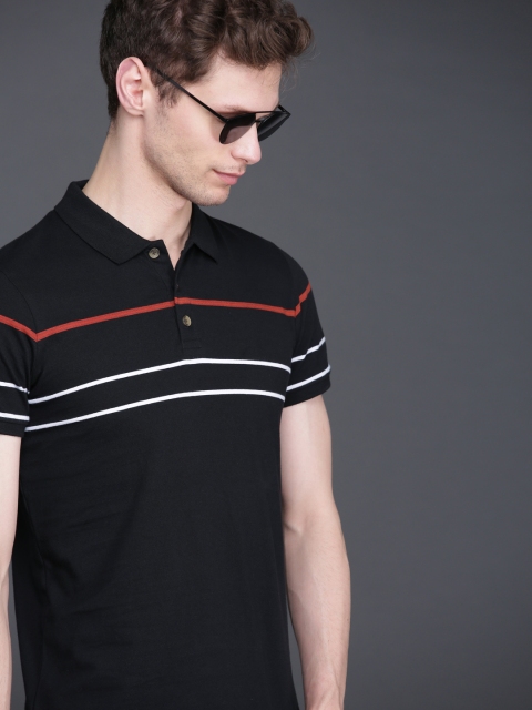 

WROGN Men Black & White Striped Slim Fit Polo Collar T-shirt