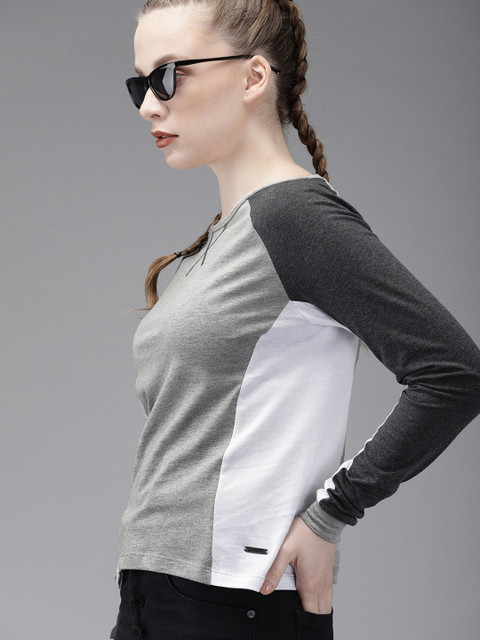 

The Roadster Lifestyle Co Women Grey Melange & White Colourblocked Round Neck T-shirt