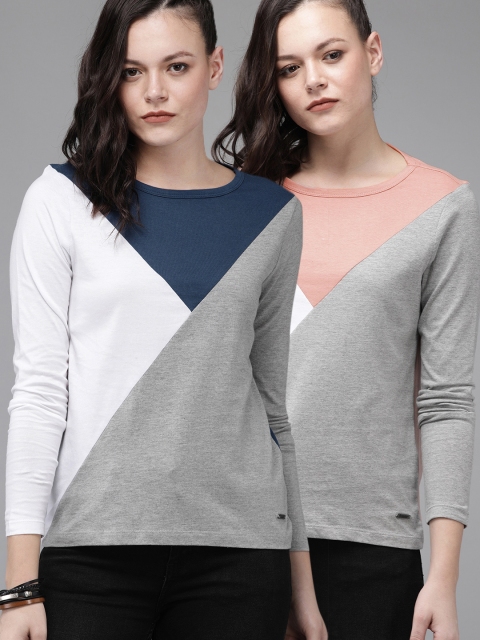 

Roadster Women Pack of 2 Colourblocked Round Neck T-shirts, Grey melange