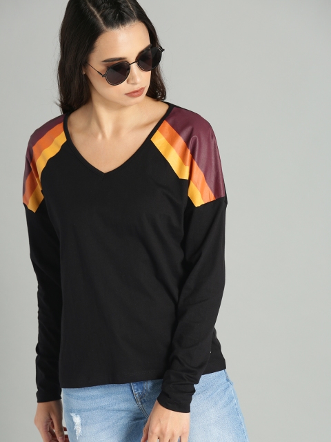 Women Black Solid V-Neck Pure Cotton T-shirt