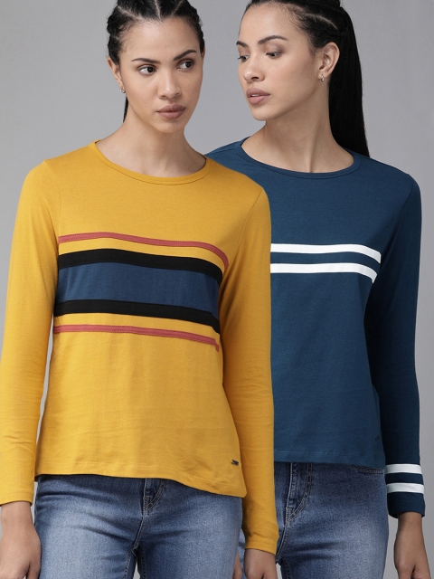 

Roadster Women Pack of 2 Striped Round Neck T-shirts, Mustard