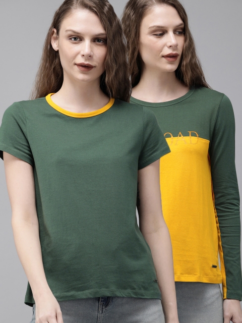 

Roadster Women Pack of 2 Olive Green & Mustard Yellow Solid Round Neck T-shirt