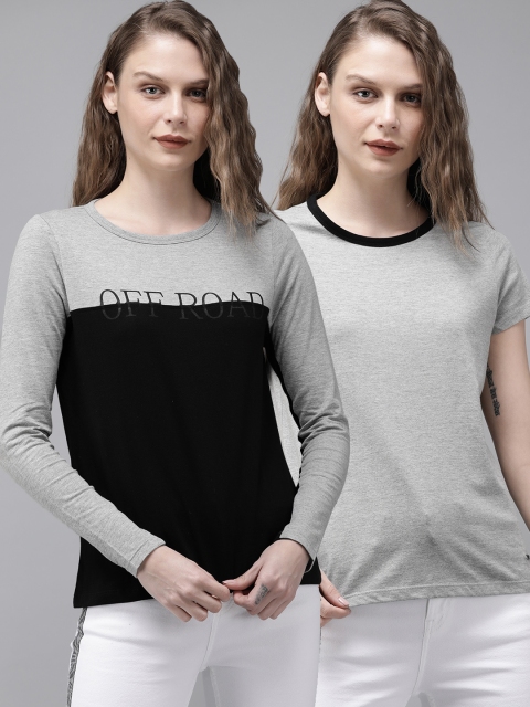 

Roadster Women Pack of 2 Grey Melange & Navy Blue Colourblocked Round Neck T-shirt