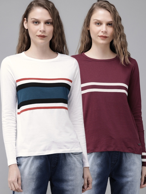 

Roadster Women Pack of 2 White & Burgundy Striped Round Neck T-shirt