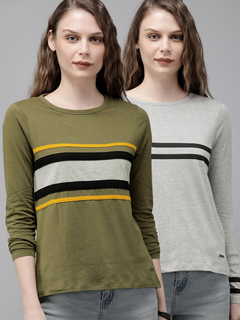 

Roadster Women Pack of 2 Olive Green & Grey Melange Striped Round Neck T-shirt