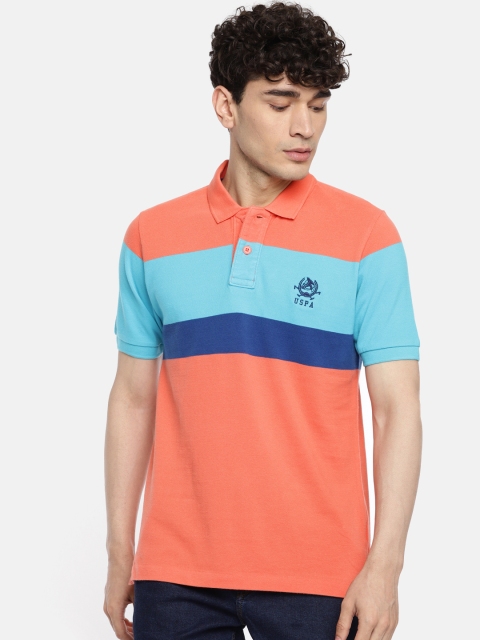 

U.S. Polo Assn. Men Peach-Coloured & Blue Colourblocked Polo Collar T-shirt