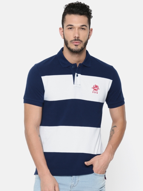 

U.S. Polo Assn. Denim Co. Men Navy Blue White Striped Polo Collar Pure Cotton T-shirt