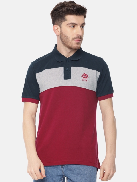 

U.S. Polo Assn. Men Maroon & Navy Blue Colourblocked Polo Collar T-shirt