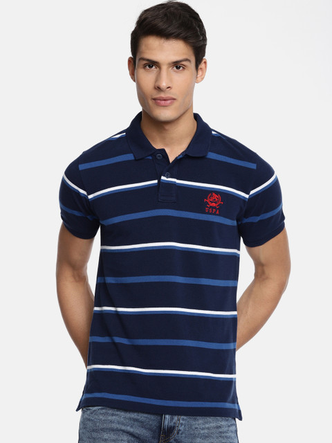 

U.S. Polo Assn. Men Navy Blue White Striped Polo Collar Pure Cotton T-shirt