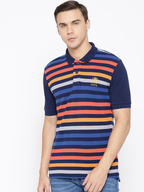 

U.S. Polo Assn. Men Blue & Orange Striped Polo Collar T-shirt