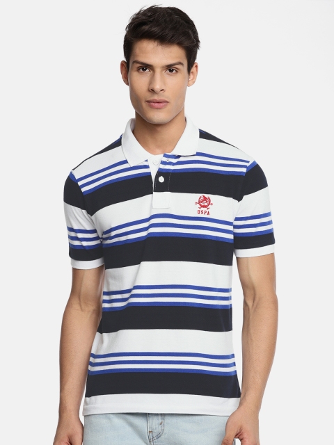 

U.S. Polo Assn. Men White & Navy Blue Striped Polo Collar T-shirt