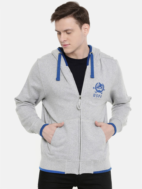

U.S. Polo Assn. Men Grey Melange Solid Hooded Sweatshirt