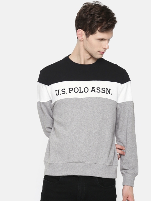 

U.S. Polo Assn. Denim Co. Men Grey Melange & White Colourblocked Pullover Sweatshirt