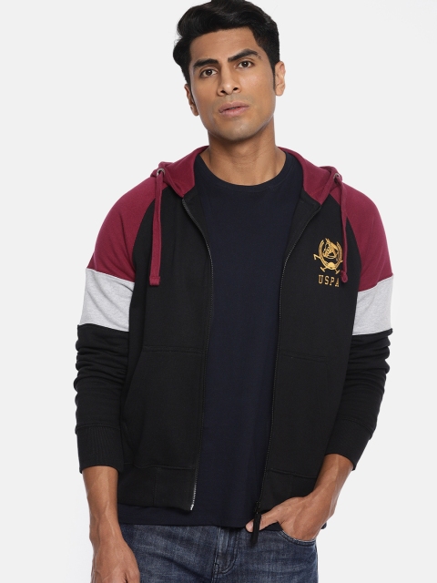 

U.S. Polo Assn. Men Black & Maroon Colourblocked Hooded Sweatshirt