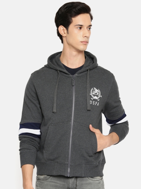 

U.S. Polo Assn. Men Grey Solid Hooded Sweatshirt