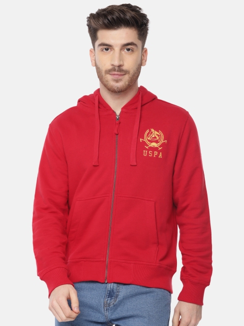 

U.S. Polo Assn. Men Red Solid Hooded Front-Open Sweatshirt