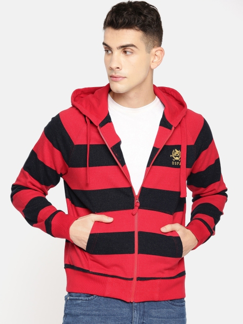 

U.S. Polo Assn. Men Red & Navy Blue Striped Hooded Sweatshirt