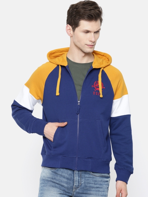 

U.S. Polo Assn. Men Navy Blue & Yellow Solid Hooded Sweatshirt
