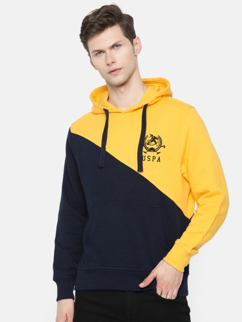 

U.S. Polo Assn. Men Navy Blue & Mustard Yellow Colourblocked Hooded Sweatshirt