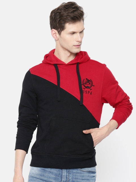 

U.S. Polo Assn. Men Black & Red Colourblocked Hooded Sweatshirt