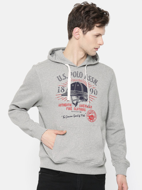 

U.S. Polo Assn. Denim Co. Men Grey Melange Printed Hooded Pullover Sweatshirt