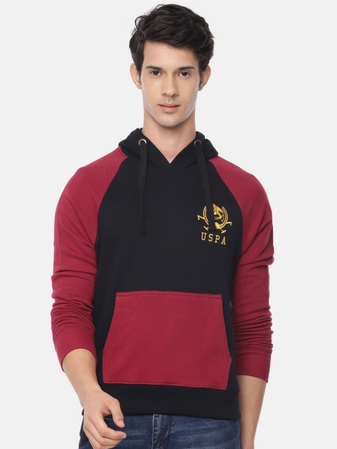 

U.S. Polo Assn. Men Black & Maroon Solid Hooded Pullover