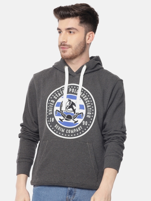 

U.S. Polo Assn. Men Charcoal Grey Printed Hooded Sweatshirt