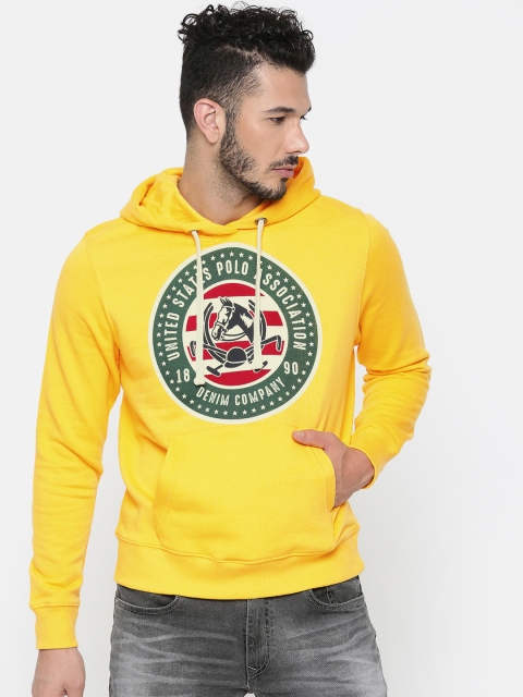 

U.S. Polo Assn. Denim Co. Men Yellow Printed Hooded Sweatshirt