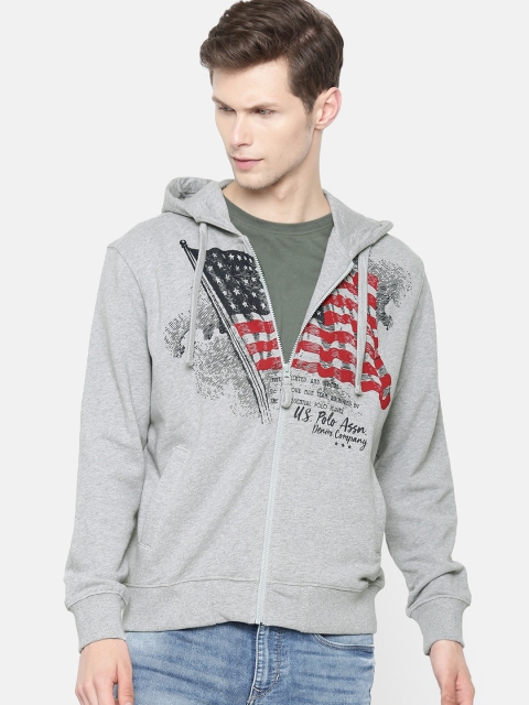 

U.S. Polo Assn. Denim Co. Men Grey Melange Printed Hooded Sweatshirt