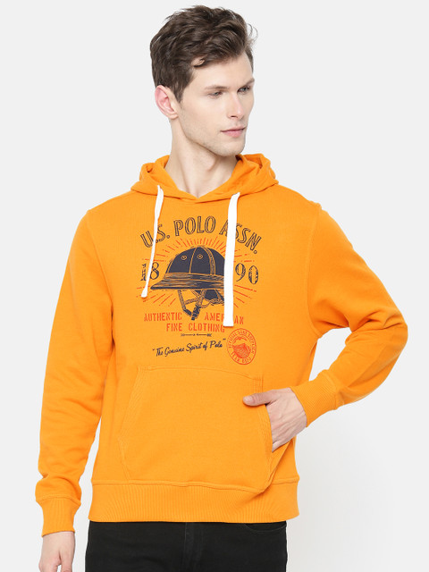 

U.S. Polo Assn. Men Mustard Yellow Printed Hooded Pullover Sweatshirt