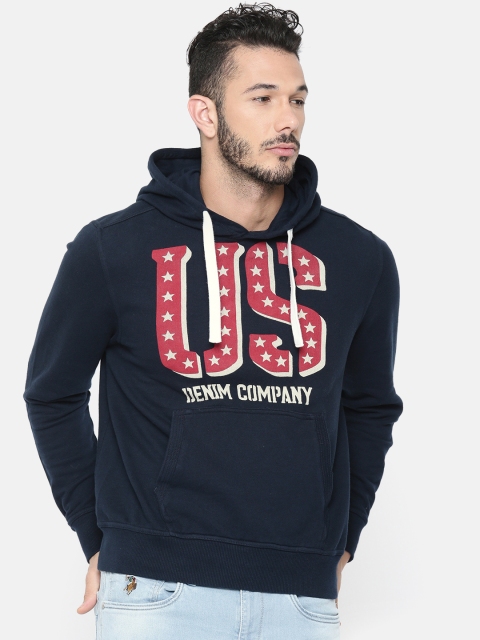 

U.S. Polo Assn. Denim Co. Men Navy Blue Printed Hooded Sweatshirt