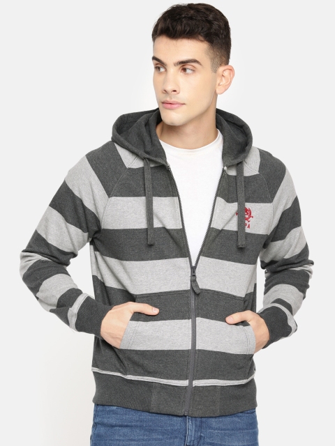 

U.S. Polo Assn. Men Grey Striped Hooded Sweatshirt