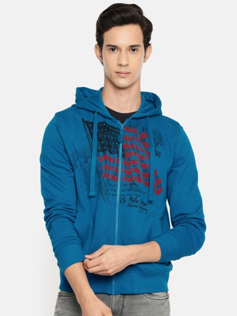 

U.S. Polo Assn. Men Teal Blue Printed Hooded Sweatshirt