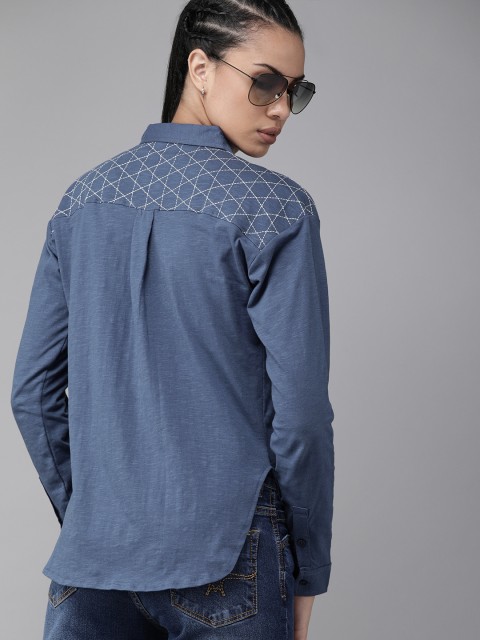 

The Roadster Lifestyle Co Women Blue Regular Fit Solid Casual Knitted Shirt with Embroidered Detail