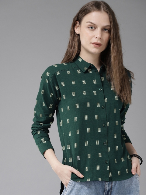 

Roadster Women Green & White Regular Fit Printed Casual Shirt