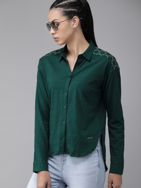 

Roadster Women Green Regular Fit Solid Casual Knitted Shirt with Embroidered Detail