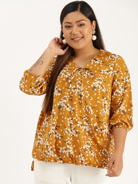 

Sztori Plus Size Women Mustard Yellow White Floral Print Wrap Top