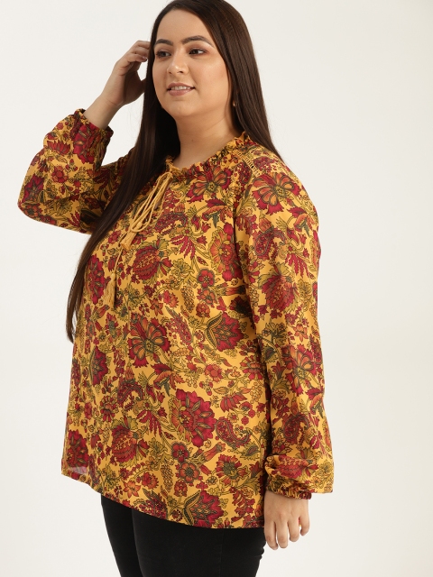 

Sztori Plus Size Women Mustard Yellow Red Floral Print A-Line Top