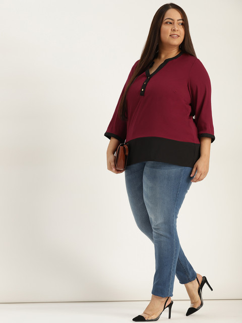 

Sztori Plus Size Women Maroon Black Colourblocked Top